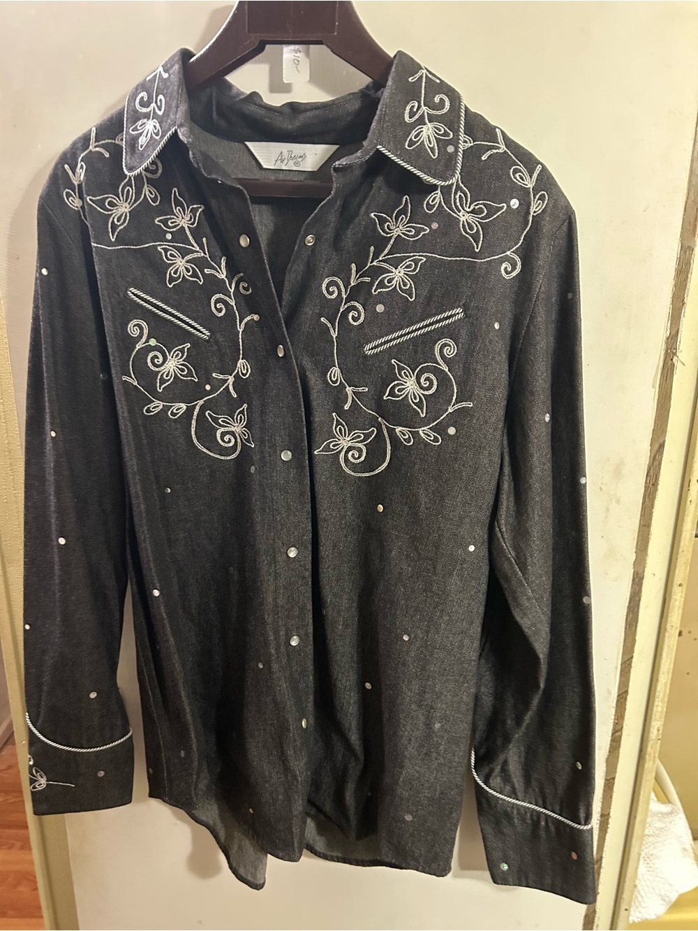Embroidered Western-Style Black Denim  Men's Shirt